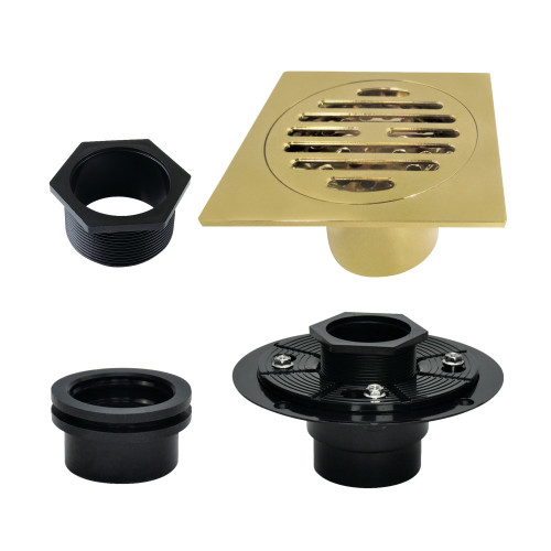 Kingston Brass Watercourse 4" Brass Square Grid Shower Drain with Flange, Brushed Brass - BSFK4262BB