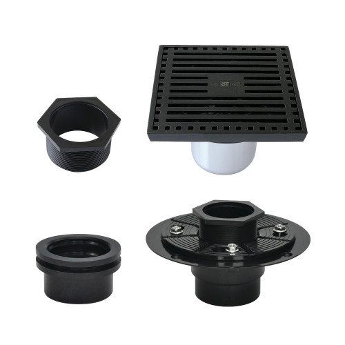 Kingston Brass Watercourse 4" Brass Square Grid Shower Drain with Flange, Matte Black - BSFK4464MB