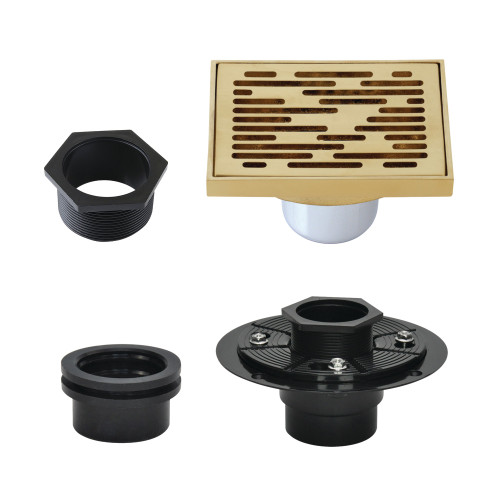 Kingston Brass Watercourse 4" Brass Square Grid Shower Drain with Flange, Brushed Brass - BSFK6310BB