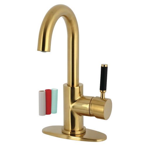 Kingston Brass Kaiser One-Handle Single-Hole Bathroom Faucet with Deck Plate and Push Pop-Up Drain, Brushed Brass - LS8433DKL