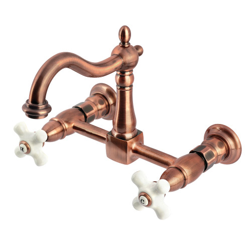 Kingston Brass Heritage Two-Handle Wall Mount Bridge Kitchen Faucet, Antique Copper - KS126PXAC