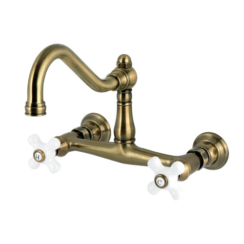 Kingston Brass Vintage Double-Handle Wall Mount Bathroom Faucet, Antique Brass - KS3243PX