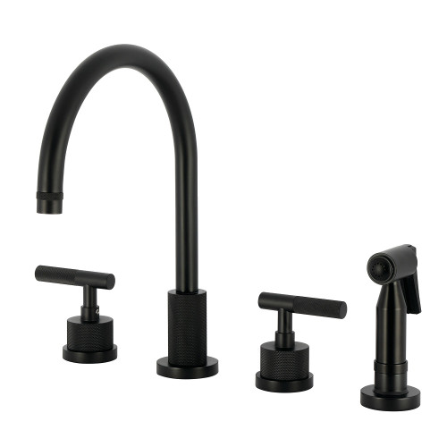 Kingston Brass Convergent Double-Handle Widespread Kitchen Faucet with Knurled Handle and Brass Sprayer, Matte Black - KS8720KNLBS