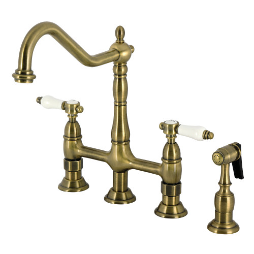 Kingston Brass Bel-Air Bridge Kitchen Faucet with Brass Sprayer, Antique Brass - KS1273BPLBS