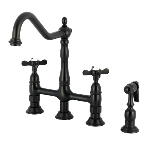 Kingston Brass Essex Bridge Kitchen Faucet with Brass Sprayer, Matte Black - KS1270BEXBS