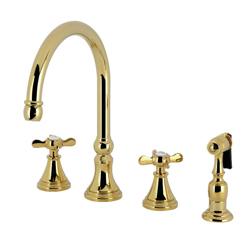 Kingston Brass Essex Double-Handle Widespread Kitchen Faucet with Brass Sprayer, Polished Brass - KS2792BEXBS