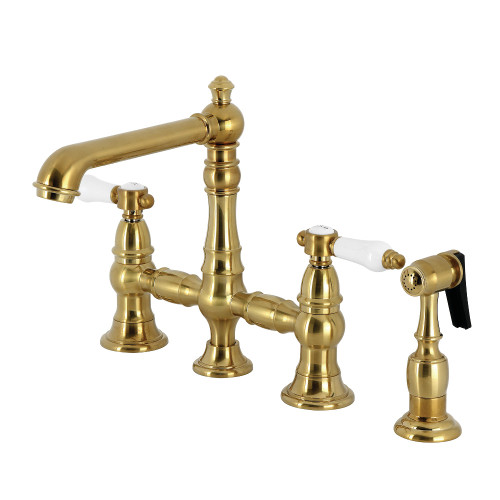 Kingston Brass Bel-Air Bridge Kitchen Faucet with Brass Sprayer, Brushed Brass - KS7277BPLBS