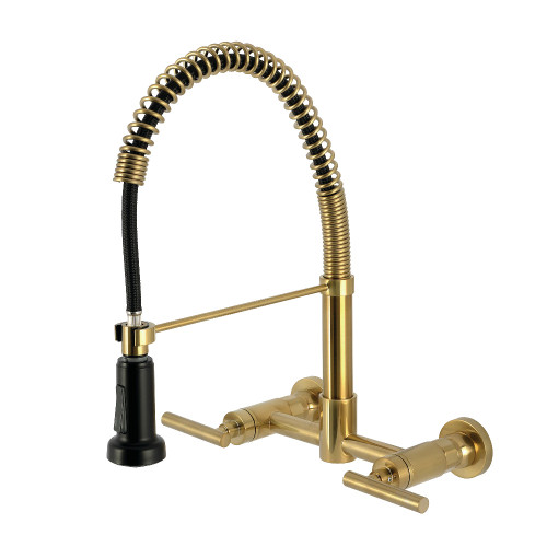 Kingston Brass Manhattan Double-Handle Wall-Mount Pre-Rinse Bridge Kitchen Faucet, Brushed Brass - GS8187CML