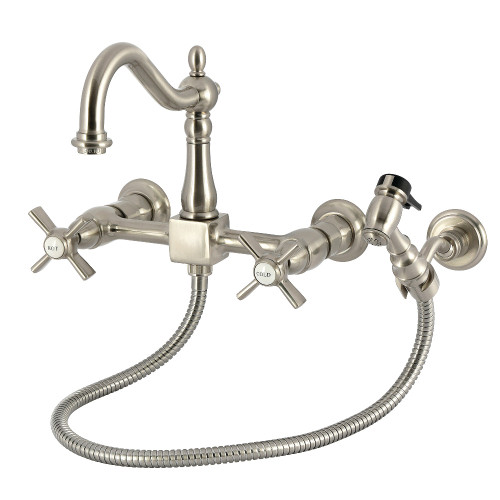Kingston Brass Millennium Two-Handle Wall Mount Bridge Kitchen Faucet with Brass Sprayer, Brushed Nickel - KS1268ZXBS