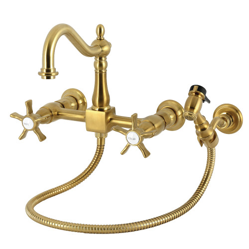 Kingston Brass Hamilton Two-Handle Wall Mount Bridge Kitchen Faucet with Brass Sprayer, Brushed Brass - KS1267NXBS