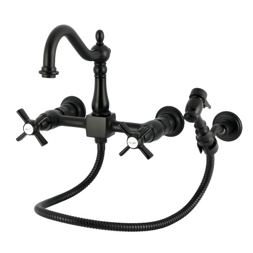 Kingston Brass Millennium Two-Handle Wall Mount Bridge Kitchen Faucet with Brass Sprayer, Matte Black - KS1260ZXBS