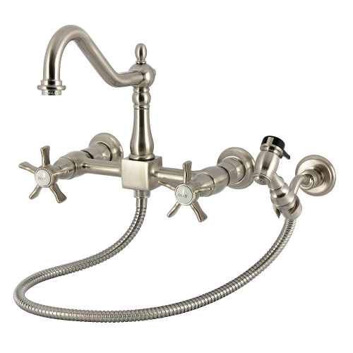 Kingston Brass Hamilton Two-Handle Wall Mount Bridge Kitchen Faucet with Brass Sprayer, Brushed Nickel - KS1248NXBS