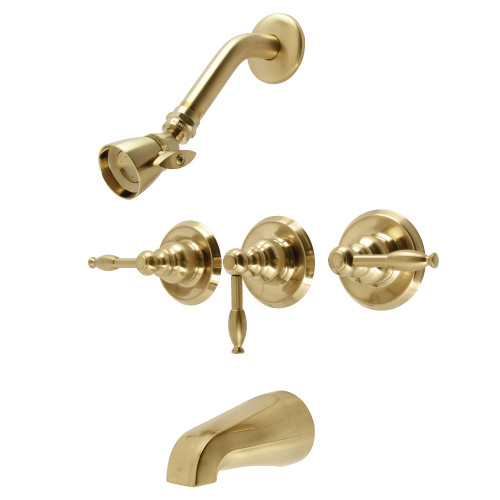 Kingston Brass Knight Triple-Handle Tub and Shower Faucet, Brushed Brass - KB237KL