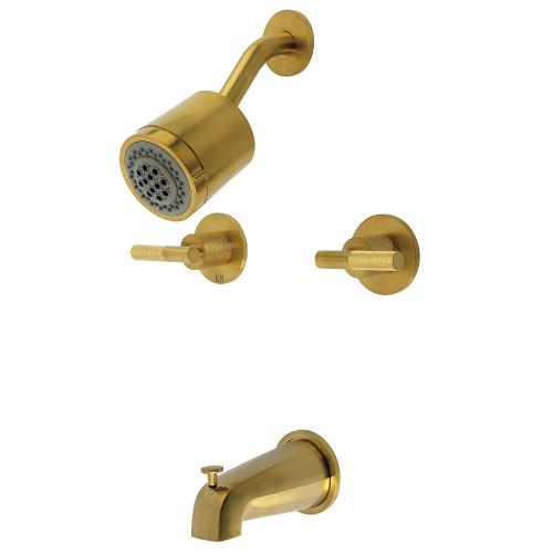 Kingston Brass Convergent Double-Handle Tub and Shower Faucet with Knurled Handle, Brushed Brass - KBX8147KNL