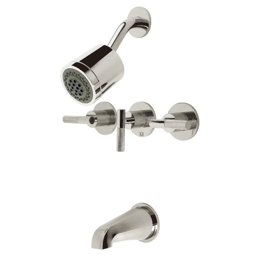 Kingston Brass Convergent Triple-Handle Tub and Shower Faucet with Knurled Handle, Polished Nickel - KBX8136KNL