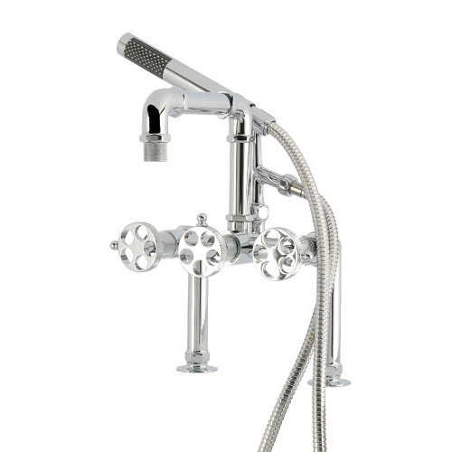 Kingston Brass Webb 7" Center Deck-Mount Clawfoot Tub Faucet with Knurled Handle and Hand Shower, Polished Chrome - AE6401RKX