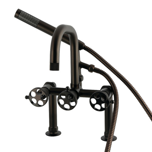 Kingston Brass Webb 7" Center Deck-Mount Clawfoot Tub Faucet with Knurled Handle and Hand Shower, Oil Rubbed Bronze - AE6005RKX