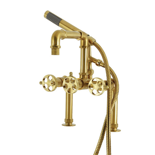 Kingston Brass Webb 7" Center Deck-Mount Clawfoot Tub Faucet with Knurled Handle and Hand Shower, Brushed Brass - AE6407RKX