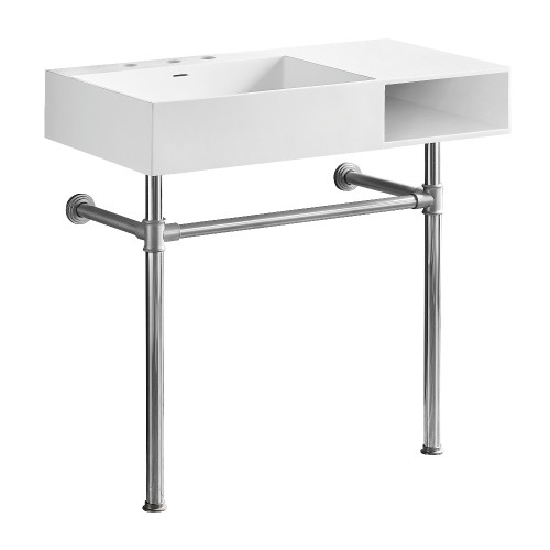 Kingston Brass Aurelius 36" Solid Surface Console Sink with Stainless Steel Legs (8-Inch, 3-Hole), Matte White/Polished Chrome - KVPB3368SQA1