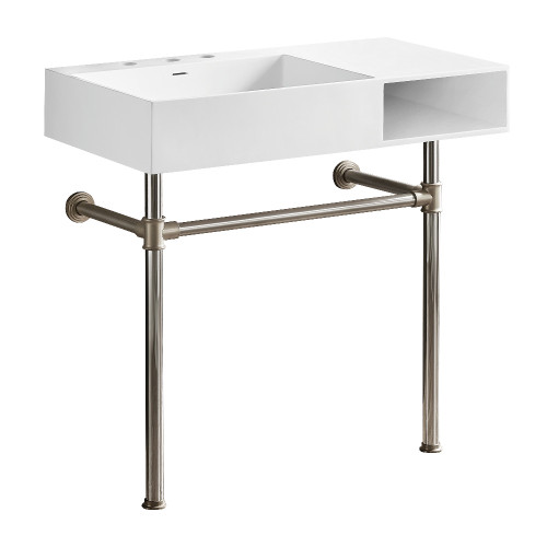 Kingston Brass Aurelius 36" Solid Surface Console Sink with Stainless Steel Legs (8-Inch, 3-Hole), Matte White/Brushed Nickel - KVPB3368SQA8