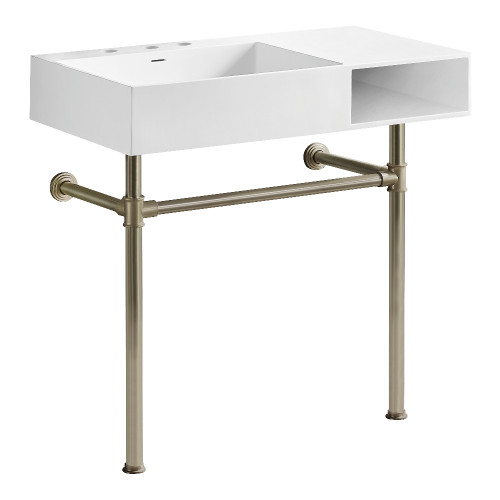 Kingston Brass Aurelius 36" Solid Surface Console Sink with Stainless Steel Legs (8-Inch, 3-Hole), Matte White/Brushed Nickel - KVPB3368SQA88