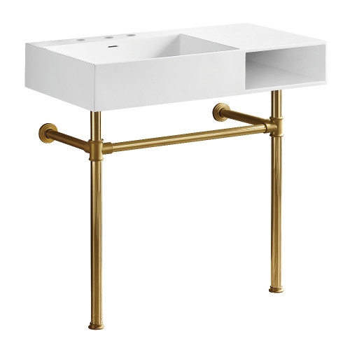 Kingston Brass Aurelius 36" Solid Surface Console Sink with Stainless Steel Legs (8-Inch, 3-Hole), Matte White/Brushed Brass - KVPB3368SQA7