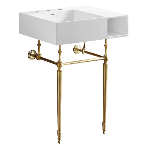 Kingston Brass Aurelius 24" Solid Surface Console Sink with Brass Legs (8-Inch, 3-Hole), Matte White/Brushed Brass - KVPB3248SQA7