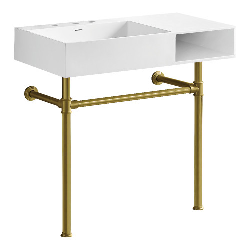 Kingston Brass Aurelius 36" Solid Surface Console Sink with Stainless Steel Legs (8-Inch, 3-Hole), Matte White/Brushed Brass - KVPB3368SQA87