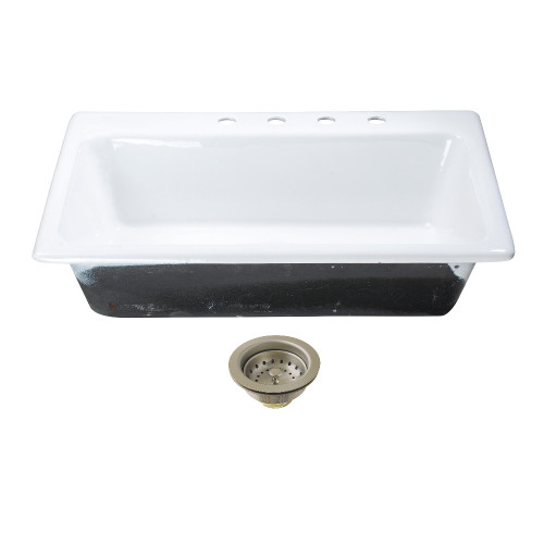 Kingston Brass Towne 33" Cast Iron Self-Rimming Single Bowl Drop-In Kitchen Sink (4-Hole) with Strainer, White/Brushed Nickel - KGCKTS332298