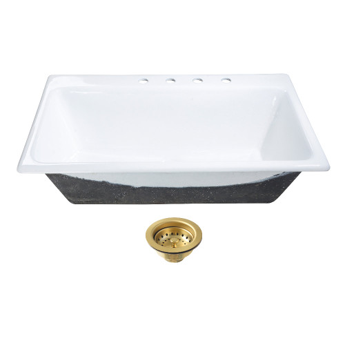 Kingston Brass Towne 36" Cast Iron Self-Rimming Single Bowl Drop-In Kitchen Sink (4-Hole) with Strainer, White/Brushed Brass - KGCKTS3622117