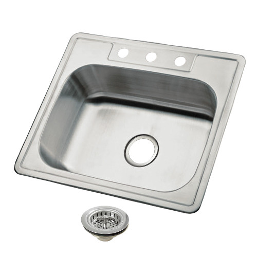 Kingston Brass Carefree 25" Stainless Steel Self-Rimming Single Bowl Drop-In Kitchen Sink (3-Hole) with Strainer, Stainless Steel/Polished Chrome - K25228BN1