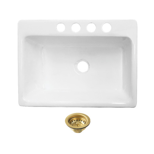 Kingston Brass Towne 36" Cast Iron Single Bowl Undermount Kitchen Sink (4-Hole) with Strainer, White/Brushed Brass - KGCKUS3622117