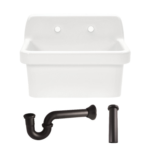 Kingston Brass Doriteal 24" Ceramic Single Bowl Wall Mount Kitchen Sink with Strainer, White/Oil Rubbed Bronze - KGPKWS2419175