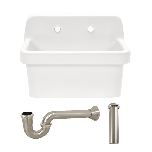 Kingston Brass Doriteal 24" Ceramic Single Bowl Wall Mount Kitchen Sink with Strainer, White/Brushed Nickel - KGPKWS2419178
