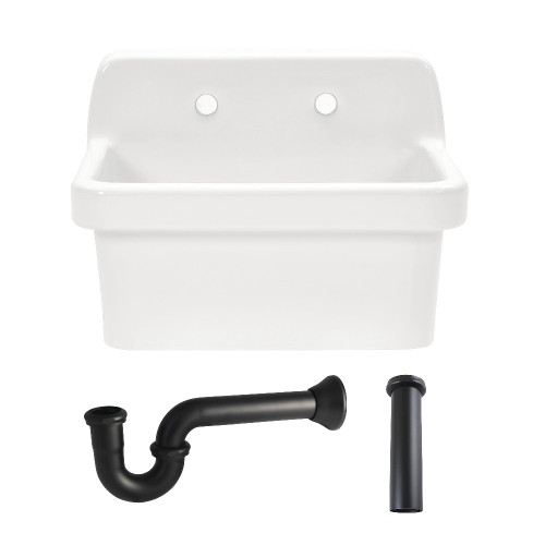 Kingston Brass Doriteal 24" Ceramic Single Bowl Wall Mount Kitchen Sink with Strainer, White/Matte Black - KGPKWS2419170