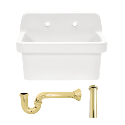 Kingston Brass Doriteal 24" Ceramic Single Bowl Wall Mount Kitchen Sink with Strainer, White/Polished Brass - KGPKWS2419172
