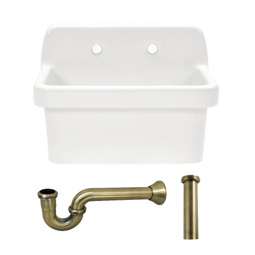 Kingston Brass Doriteal 24" Ceramic Single Bowl Wall Mount Kitchen Sink with Strainer, White/Antique Brass - KGPKWS2419173