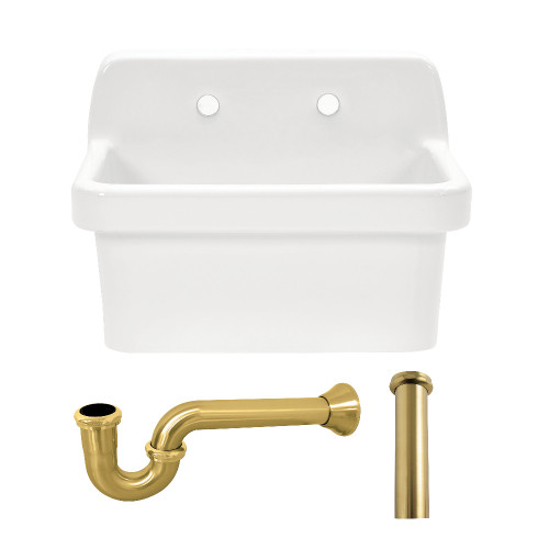 Kingston Brass Doriteal 24" Ceramic Single Bowl Wall Mount Kitchen Sink with Strainer, White/Brushed Brass - KGPKWS2419177