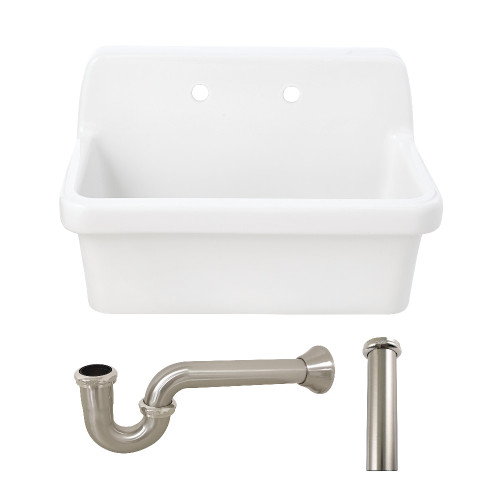 Kingston Brass Doriteal 30" Ceramic Single Bowl Wall Mount Kitchen Sink with Strainer, White/Brushed Nickel - KGPKWS3019188