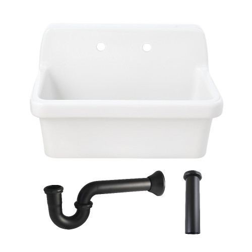 Kingston Brass Doriteal 30" Ceramic Single Bowl Wall Mount Kitchen Sink with Strainer, White/Matte Black - KGPKWS3019180