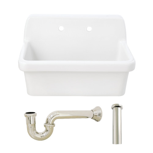 Kingston Brass Doriteal 30" Ceramic Single Bowl Wall Mount Kitchen Sink with Strainer, White/Polished Nickel - KGPKWS3019186