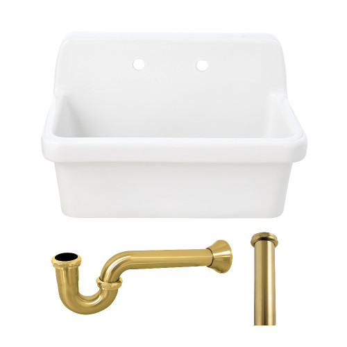 Kingston Brass Doriteal 30" Ceramic Single Bowl Wall Mount Kitchen Sink with Strainer, White/Brushed Brass - KGPKWS3019187