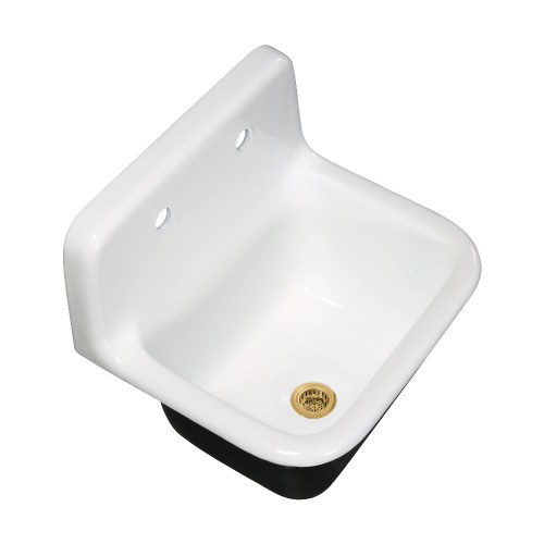 Kingston Brass Petra Galley 22" Cast Iron Single Bowl Wall Mount Kitchen Sink (2-Hole) with Strainer, White/Brushed Brass - KGCKWS2218227