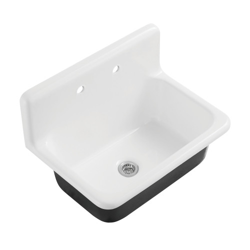Kingston Brass Petra Galley 30" Cast Iron Single Bowl Wall Mount Kitchen Sink (2-Hole) with Strainer, White/Polished Chrome - KGCKWS3020101