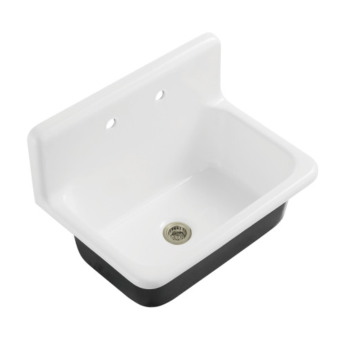 Kingston Brass Petra Galley 30" Cast Iron Single Bowl Wall Mount Kitchen Sink (2-Hole) with Strainer, White/Brushed Nickel - KGCKWS3020108