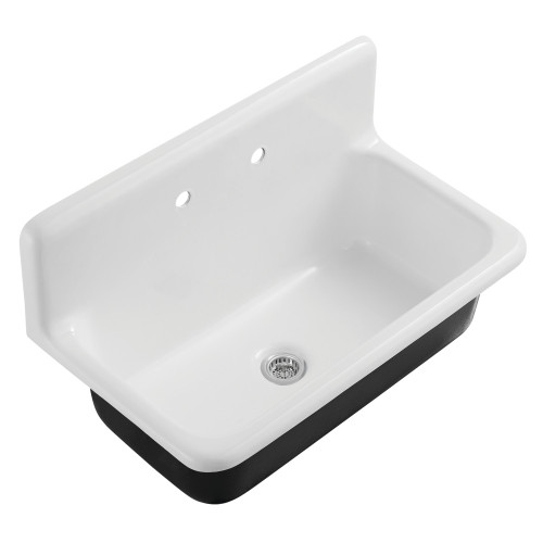 Kingston Brass Petra Galley 36" Cast Iron Single Bowl Wall Mount Kitchen Sink (2-Hole) with Strainer, White/Polished Chrome - KGCKWS3620111