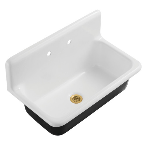 Kingston Brass Petra Galley 36" Cast Iron Single Bowl Wall Mount Kitchen Sink (2-Hole) with Strainer, White/Brushed Brass - KGCKWS3620117