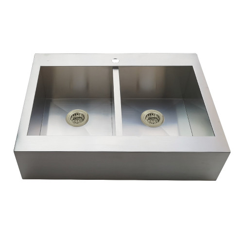 Kingston Brass Edinburg 36" Stainless Steel Double Bowl Drop-In Kitchen Sink (1-Hole) with Strainer, Stainless Steel/Brushed Nickel - KGKTDF3624918