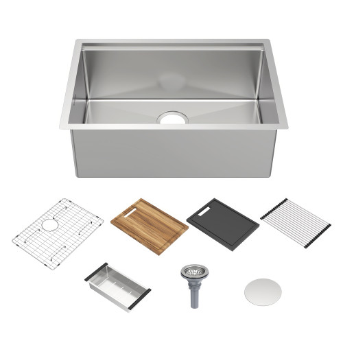 Whitehaus 27" Undermount Single Bowl 16 Gauge Brushed Stainless Steel Workstation Sink With Accessories - WHSW2719