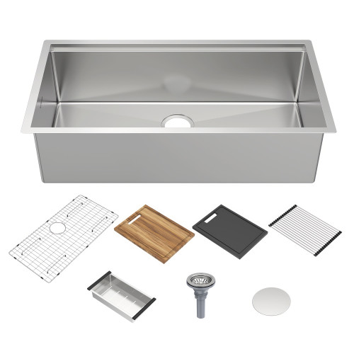 Whitehaus 36" Undermount Single Bowl 16 Gauge Brushed Stainless Steel Workstation Sink With Accessories - WHSW3619